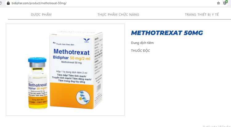 Thuốc Methotrexat Bidiphar 50mg/2ml được giới thiệu trên trang bidiphar.com - Ảnh chụp màn hình