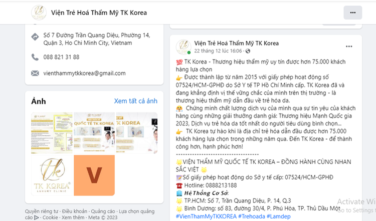 Fanpage quảng cáo về Viện Thẩm mỹ Quốc tế TK Korea. Ảnh chụp màn hình.