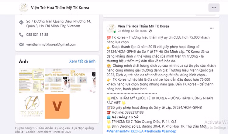 Fanpage quảng cáo về Viện Thẩm mỹ Quốc tế TK Korea. Ảnh chụp màn hình.