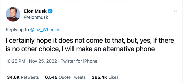 Musk từng tuyên bố rằng việc sản xuất một chiếc điện thoại chỉ là phương án cuối cùng nếu các nền tảng lớn gây khó khăn cho phần mạng xã hội X