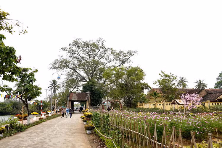 Cổng làng Mông Phụ được xây dựng vào năm 1833 với kiến trúc vòm và lớp đá ong tổ bên cạnh cây đa hơn 300 năm tuổi.