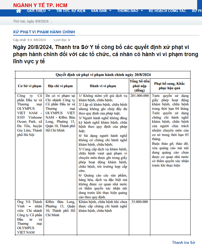 Thông tin xử phạt Phòng khám chuyên khoa da liễu thuộc chi nhánh Công ty Cổ phần Đầu tư và Thương mại Olympus Việt Nam. Ảnh chụp màn hình.