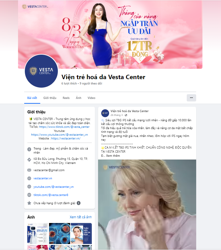 Tài khoản Facebook "Viện trẻ hoá da Vesta Center” quảng cáo “Siêu sợi TBG IPS kết cấu mạng lưới nhện - nâng đỡ gấp 10.000 lần kết cấu sợi thông thường. Tối đa hiệu quả trẻ hóa xóa nhăn, làm đầy và nâng cơ da mặt bất chấp tình trạng và độ tuổi…” với nhiều cam kết. Ảnh chụp màn hình.