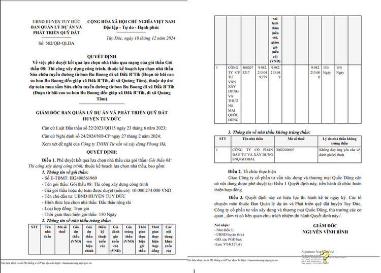 Quyết định 582/QĐ-QLDA phê duyệt Kết quả lựa chọn nhà thầu Gói thầu 08: Thi công xây dựng công trình thuộc dự án Sửa chữa tuyến đường từ bon Bu Boong đi xã Đắk R'Tíh (Đoạn từ bãi cao su bon Bu Boong đến giáp xã Đăk R'Tíh, đi xã Quảng Tâm). (Nguồn MSC)