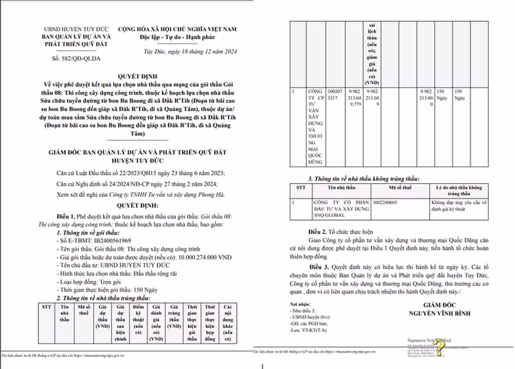 Quyết định 582/QĐ-QLDA phê duyệt Kết quả lựa chọn nhà thầu Gói thầu 08: Thi công xây dựng công trình thuộc dự án Sửa chữa tuyến đường từ bon Bu Boong đi xã Đắk R'Tíh (Đoạn từ bãi cao su bon Bu Boong đến giáp xã Đăk R'Tíh, đi xã Quảng Tâm). (Nguồn MSC)