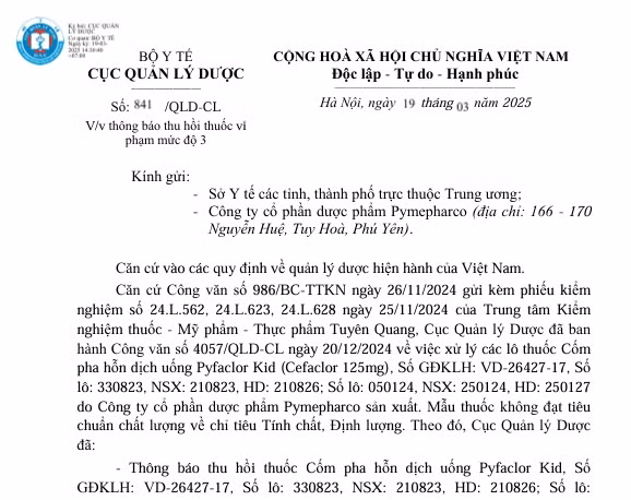 Thông báo thu hồi toàn quốc 2 lô thuốc Cốm pha hỗn dịch uống Pyfaclor Kid (Cefaclor 125mg) vi phạm mức độ 3. Ảnh chụp màn hình