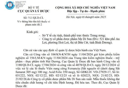 Một phần Công văn số 712/QLD-CL về việc thông báo thu hồi lô thuốc Viên nang cứng Femancia (sắt nguyên tố dưới dạng sắt fumarat 305 mg) vi phạm mức độ 2 - Ảnh chụp màn hình.