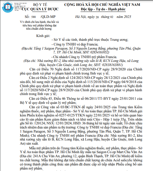 Một phần công văn của Cục Quản lý Dược về việc đình chỉ lưu hành, thu hồi trên toàn quốc lô lô sản phẩm Kem giảm thâm nách và khử mùi Cléo - Hộp 1 tuýp 35g - Ảnh chụp màn hình