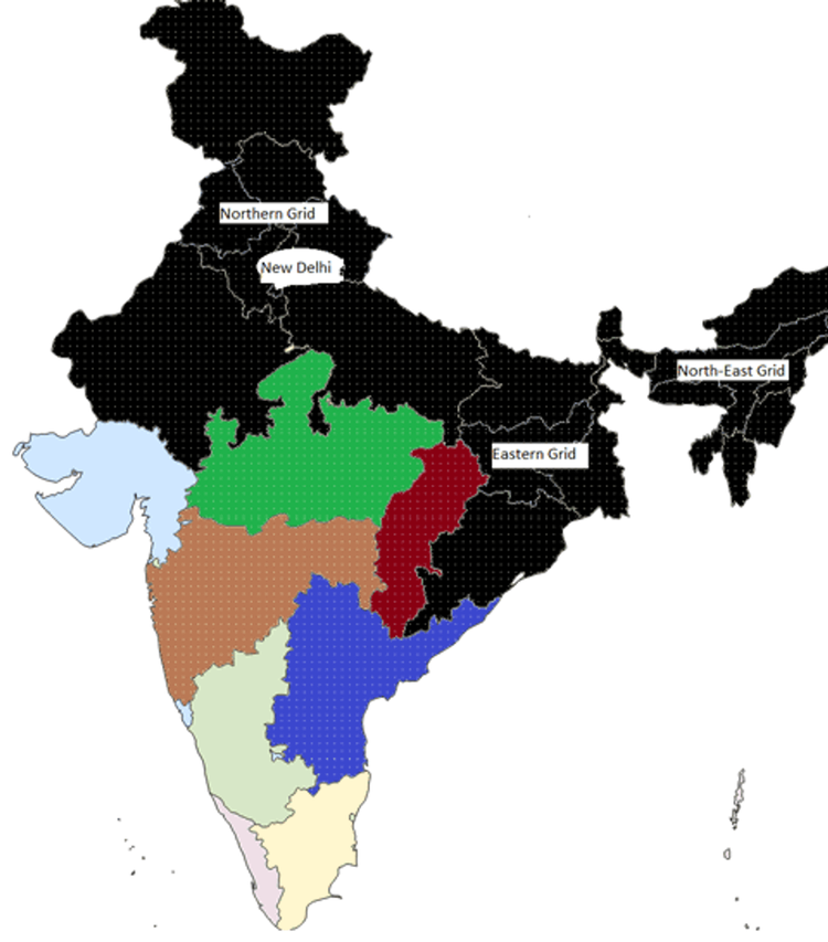 Màu đen thể hiện các khu vực bị mất điện, gồm cả thủ đô New Delhi, ở Ấn Độ ngày 30/7/2012. Ảnh: WSWS.