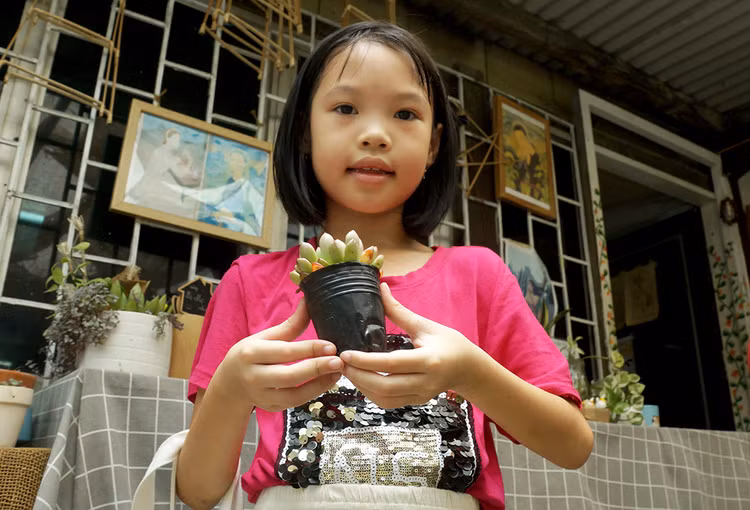 Bé Vũ Hà Mi lớp 3C trường Tiểu học Đồng Tâm đang vui mừng khi chọn được cây sen đá, bé nói bé sẽ tưới cây hàng ngày.