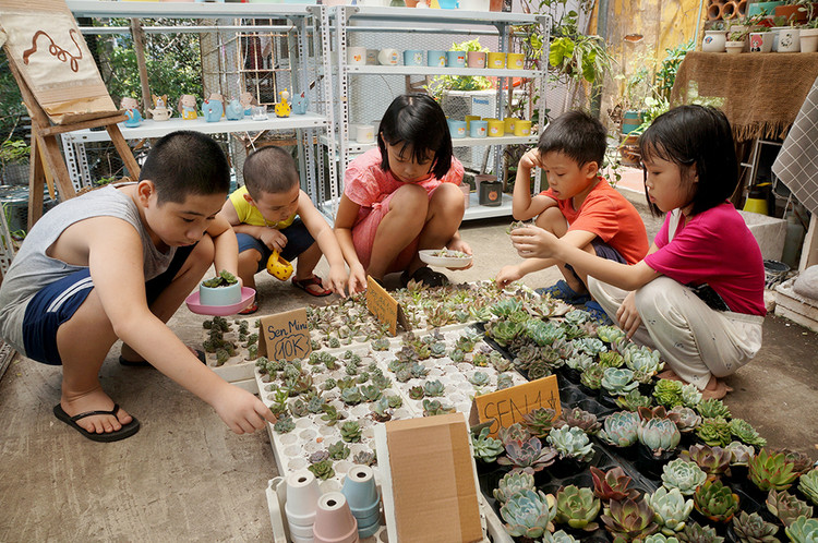 Các bạn nhỏ tỏ ra rất thích thú khi đổi từ những chai nhựa bỏ đi để lấy sen đá.