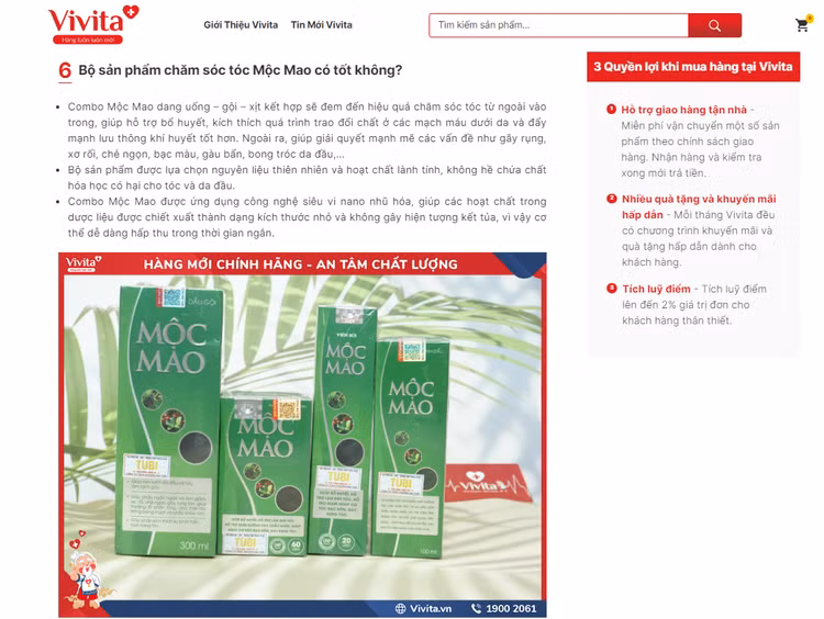 Bộ sản phẩm chăm sóc tóc Mộc Mao đang rao bán trên trang web https://vivita.vn - Ảnh chụp màn hình.