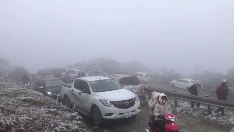 Hàng dài đoàn xe nối đuôi nhau trên đường lên dãy núi Mẫu Sơn.