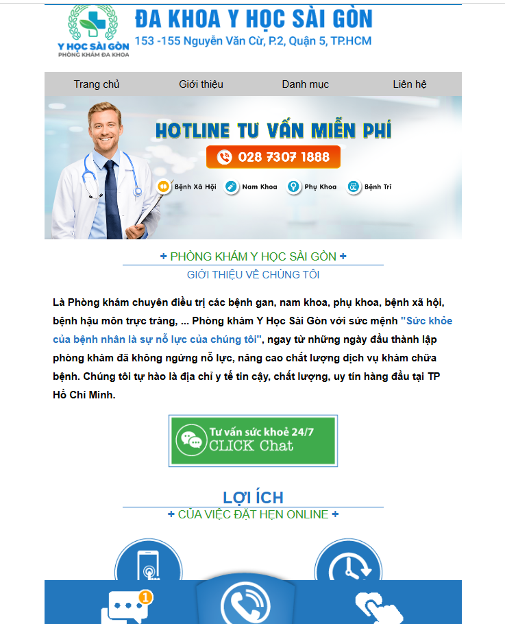 Trên website https://phongkhamyhocsaigon.vn/, Phòng khám Đa khoa Y học Sài Gòn được quảng cáo: “Là Phòng khám chuyên điều trị các bệnh gan, nam khoa, phụ khoa, bệnh xã hội,…”. Ảnh chụp màn hình.