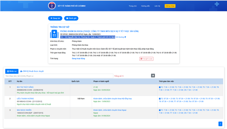 Thông tin Phòng khám Đa khoa Y học Sài Gòn trên cổng tra cứu khám chữa bệnh Sở Y tế TP HCM. Ảnh chụp màn hình.