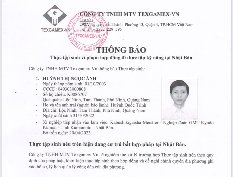 Thông báo về việc thực tập sinh vi phạm hợp đồng đi thực tập kỹ năng tại Nhật Bản