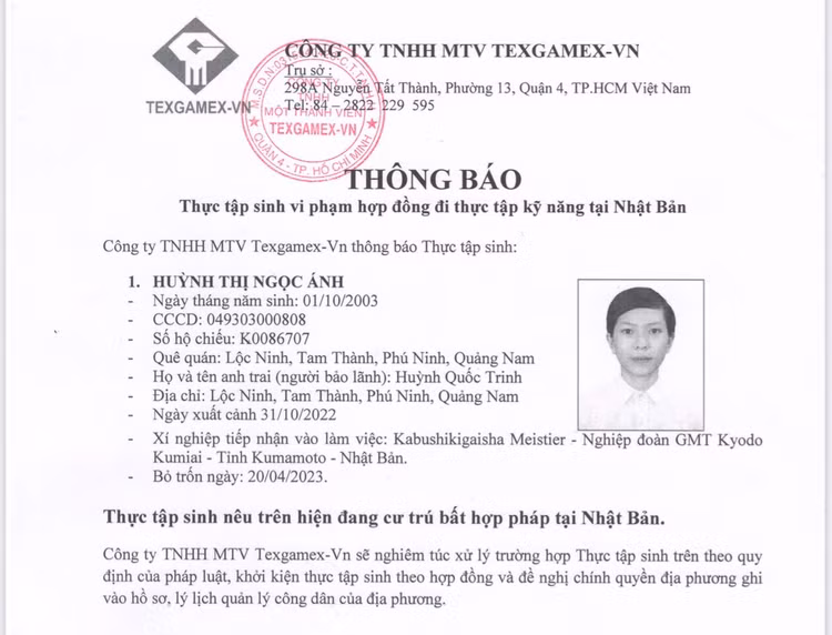 Thông báo về việc thực tập sinh vi phạm hợp đồng đi thực tập kỹ năng tại Nhật Bản