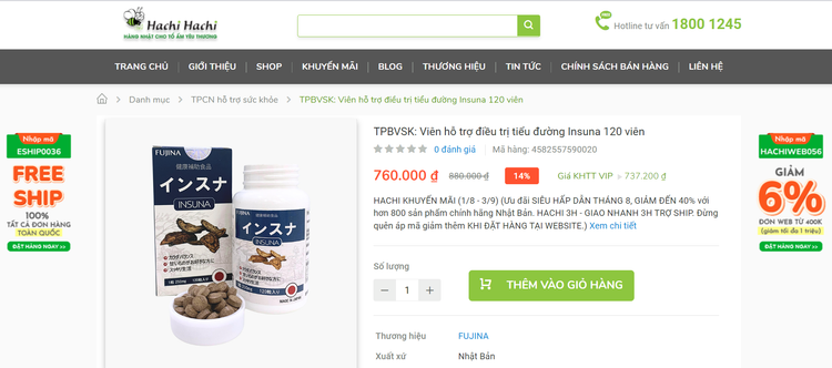 Sản phẩm TPBVSK Insuna rao bán trên trang Hachi Hachi. Ảnh chụp màn hình.
