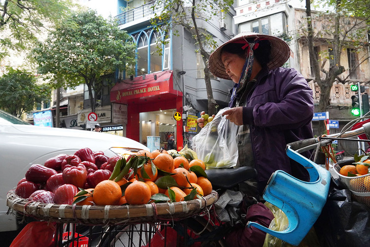 Như bao người bán rong khác, Bà H. chọn bán hoa quả vỉa hè để mưu sinh.