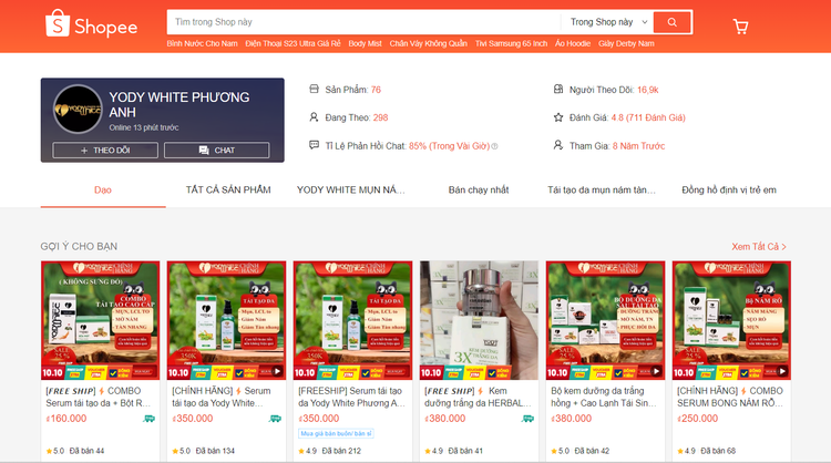 Mỹ phẩm của Công ty Yody Phương Anh rao bán trên trang Shopee - Ảnh chụp màn hình.