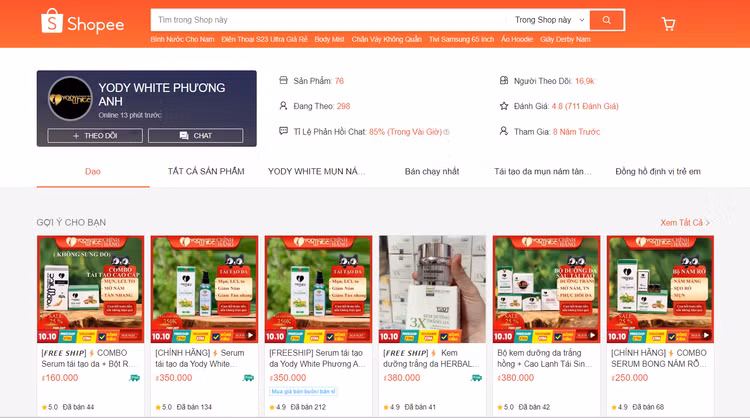 Mỹ phẩm của Công ty Yody Phương Anh rao bán trên trang Shopee - Ảnh chụp màn hình.