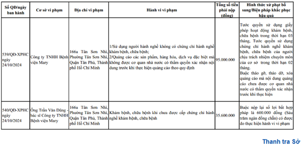 Thông tin xử phạt Công ty TNHH Bệnh viện Mary của Thanh tra Sở Y tế TP HCM - Ảnh chụp màn hình