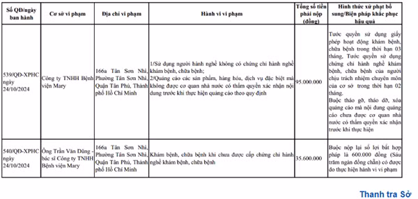Thông tin xử phạt Công ty TNHH Bệnh viện Mary của Thanh tra Sở Y tế TP HCM - Ảnh chụp màn hình