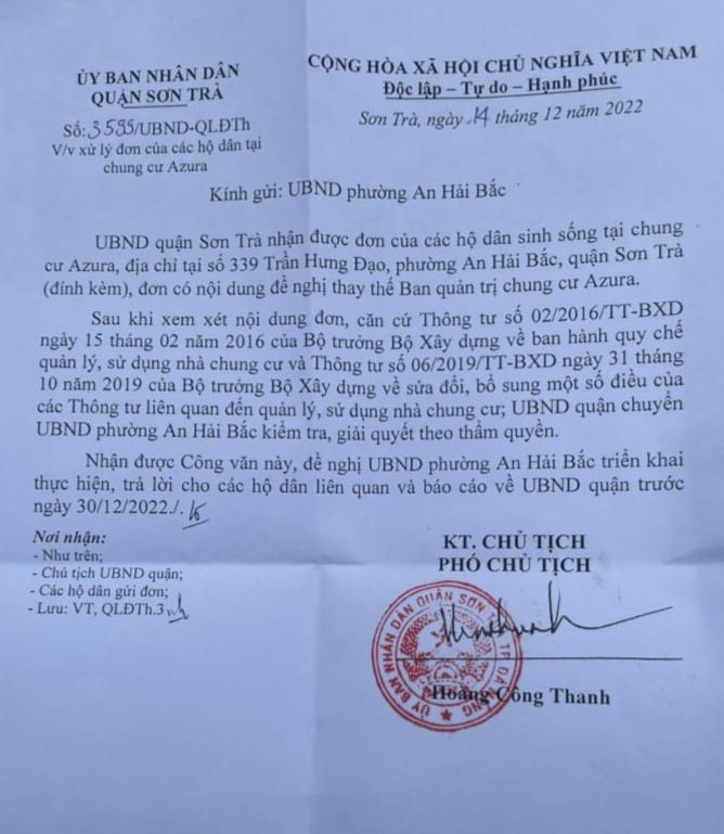 UBND quận Sơn Trà yêu cầu UBND phường An Hải Bắc kiểm tra, giải quyết theo thẩm quyền