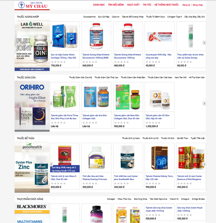 Khảo sát lúc 10 giờ ngày 6/11, trên website https://nhathuocmychau.com, đang rao bán nhiều loại mỹ phẩm; thuốc Đông Y, Tây Y; thuốc giảm cân; thuốc xương khớp; thuốc bổ thận; thực phẩm chức năng…, website này dẫn về địa chỉ 352 Nguyễn Văn Công, phường 3, quận Gò Vấp, TP HCM - Ảnh chụp màn hình.