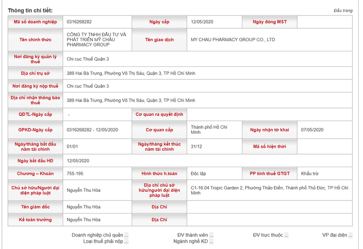 Thông tin Công ty TNHH Đầu tư và Phát triển Mỹ Châu Pharmacy Group trên website Tổng Cục Thuế - Ảnh chụp màn hình.