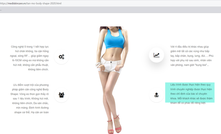 Các từ ngữ như: “Bác sĩ thăm khám”, “chỉ định của bác sĩ chuyên khoa”, “chỉ định của bác sĩ sau khi thăm khám”… tại mục “Chăm sóc cơ thể” trên website https://mediskincare.vn - Ảnh chụp màn hình.