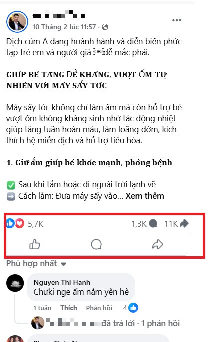 Tài khoản Đ.Q.V đăng tải thông tin “máy sấy tóc chữa bệnh” trên Facebook cá nhân.