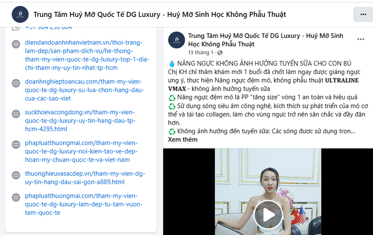 Tài khoản facebook quảng cáo về cơ sở “Thẩm mỹ viện DG Luruxy” - Ảnh chụp màn hình