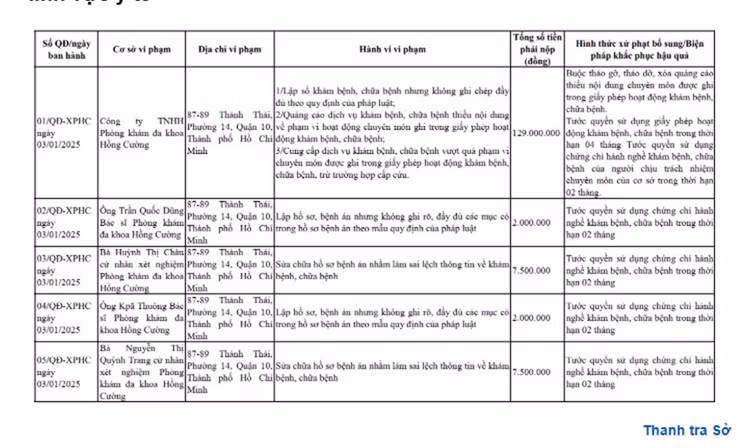 Thông tin xử phạt Công ty TNHH Phòng khám đa khoa Hồng Cường của Thanh tra Sở Y tế TP HCM - Ảnh chụp màn hình