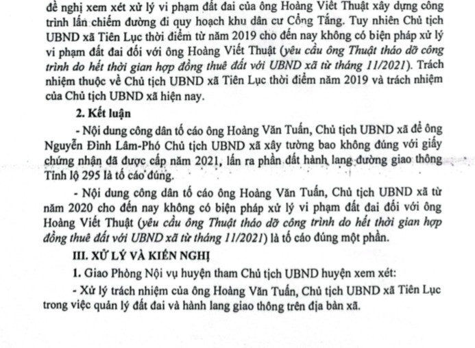 Kết luận của UBND huyện Lạng Giang khẳng định Phó Chủ tịch UBND xã Tiên Lục Nguyễn Đình Lâm tự ý xây tường bao không đúng với Kết luận của UBND huyện Lạng Giang khẳng định Phó Chủ tịch UBND xã Tiên Lục Nguyễn Đình Lâm tự ý xây tường bao không đúng với
