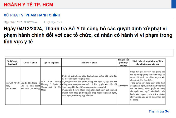 Thông tin xử phạt ông Lê Phủ Ngọc Hồ - Chủ hộ kinh doanh Nha khoa Cao Thắng của Thanh tra Sở Y tế TP HCM. Ảnh chụp màn hình Thông tin xử phạt ông Lê Phủ Ngọc Hồ - Chủ hộ kinh doanh Nha khoa Cao Thắng của Thanh tra Sở Y tế TP HCM. Ảnh chụp màn hình