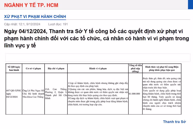 Thông tin xử phạt ông Lê Phủ Ngọc Hồ - Chủ hộ kinh doanh Nha khoa Cao Thắng của Thanh tra Sở Y tế TP HCM. Ảnh chụp màn hình