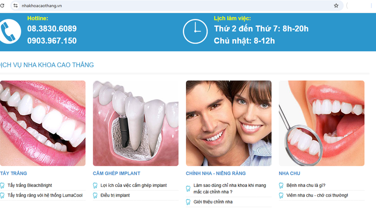 Website https://www.nhakhoacaothang.vn/ giới thiệu Nha Khoa Cao Thắng - Ảnh chụp màn hình. Website https://www.nhakhoacaothang.vn/ giới thiệu Nha Khoa Cao Thắng - Ảnh chụp màn hình.