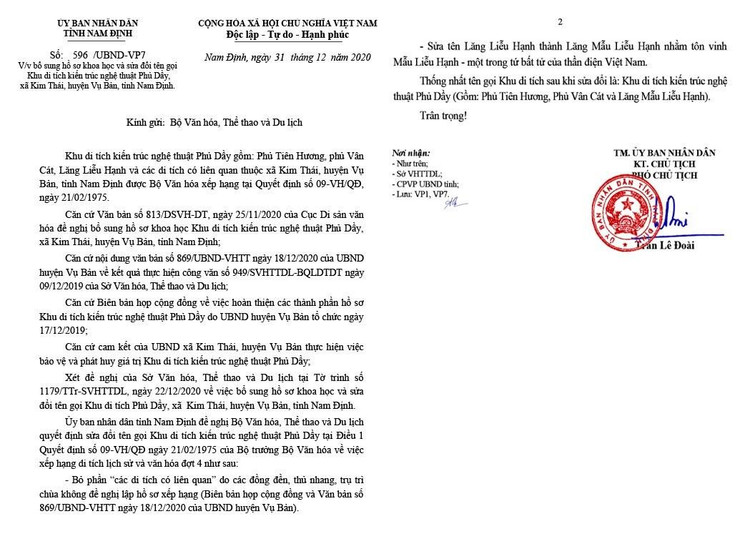Công văn của UBND tỉnh Nam Định năm 2020 đề nghị sửa đổi tên di tích và thống nhất tên gọi di tích gồm Phủ Tiên Hương, Phủ Vân Cát, Lăng Mẫu Liễu Hạnh. Công văn của UBND tỉnh Nam Định năm 2020 đề nghị sửa đổi tên di tích và thống nhất tên gọi di tích gồm Phủ Tiên Hương, Phủ Vân Cát, Lăng Mẫu Liễu Hạnh.