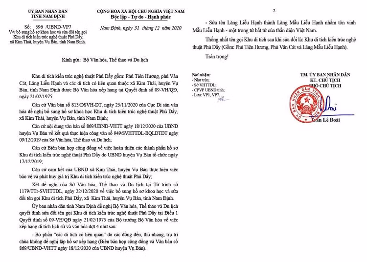 Công văn của UBND tỉnh Nam Định năm 2020 đề nghị sửa đổi tên di tích và thống nhất tên gọi di tích gồm Phủ Tiên Hương, Phủ Vân Cát, Lăng Mẫu Liễu Hạnh.
