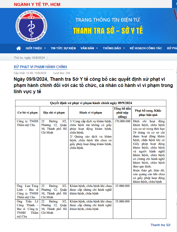 : Thông tin xử phạt Công ty TNHH Thẩm mỹ Chu của Thanh tra Sở Y tế TP HCM. Ảnh chụp màn hình.