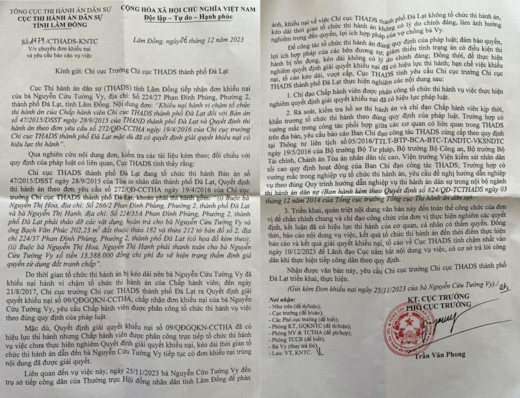 Văn bản số 1479/CTHADS-KNTC của Cục THADS Lâm Đồng yêu cầu Chi cục trưởng Chi cục THADS TP Đà Lạt khẩn trương chỉ đạo chấp hành viên thi hành bản án.