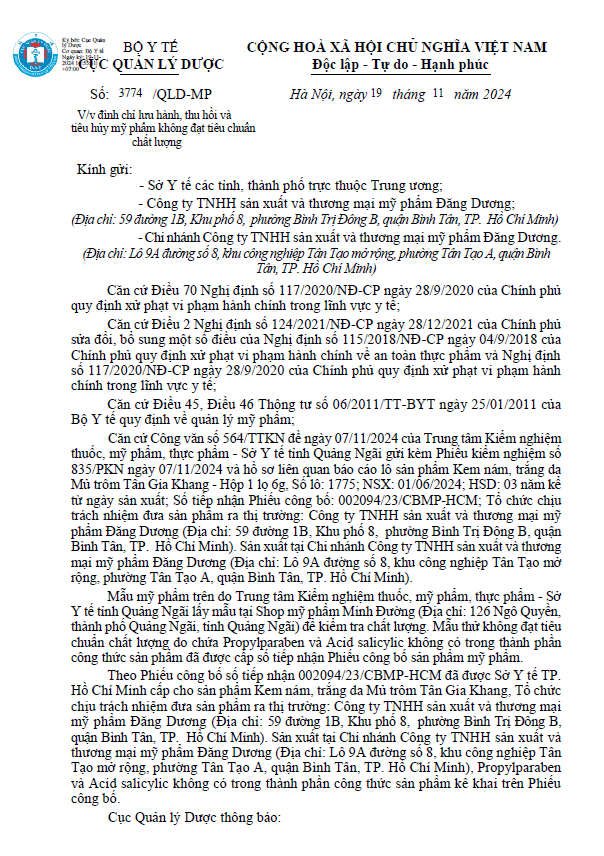 Một phần công văn số 3774/QLD-MP ngày 19/11/2024 của Cục Quản lý Dược về việc đình chỉ lưu hành, thu hồi trên toàn quốc lô sản phẩm Kem nám, trắng da Mủ trôm Tân Gia Khang - Hộp 1 lọ 6g - Ảnh chụp màn hình.