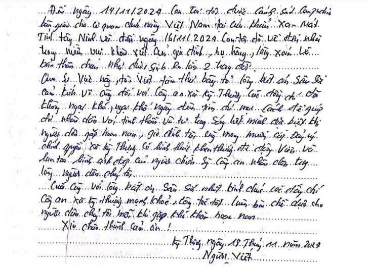 Một phần bức tâm thư chị S. viết gửi Công an xã Kỳ Thượng - Ảnh: Công an cung cấp