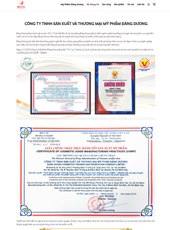 Thông tin giới thiệu về Công ty TNHH sản xuất và thương mại mỹ phẩm Đăng Dương trên website https://myphamdangduong.vn - Ảnh chụp màn hình.