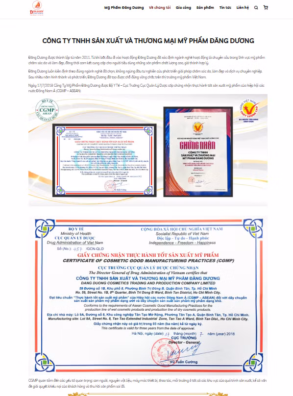 Thông tin giới thiệu về Công ty TNHH sản xuất và thương mại mỹ phẩm Đăng Dương trên website https://myphamdangduong.vn - Ảnh chụp màn hình.