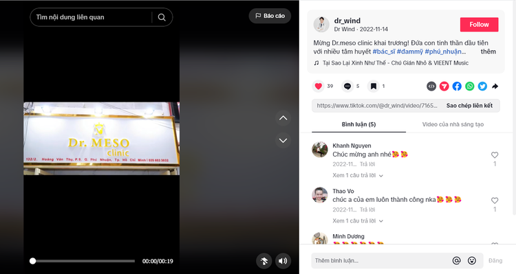Dr. Meso Clinic khai trương từ giữa tháng 11/2022, được đăng tải trên mạng xã hội TikTok. Ảnh chụp màn hình.