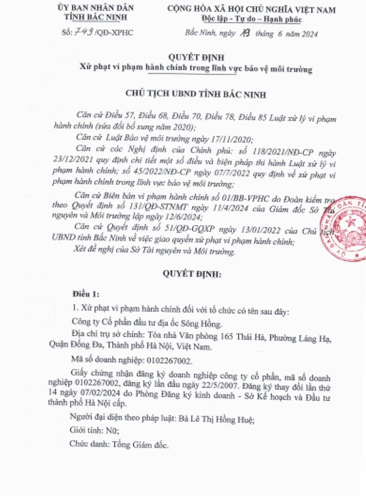 Quyết định xử phạt Công ty cổ phần đầu tư địa ốc Sông Hồng của UBND tỉnh Bắc Ninh.