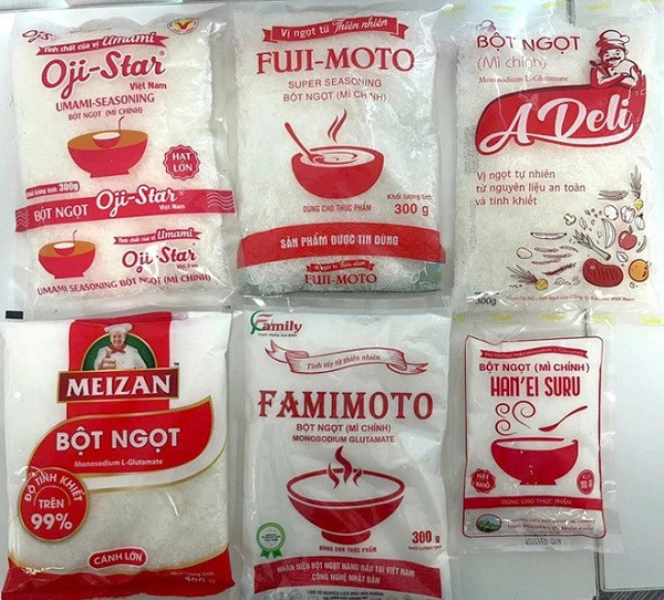 Tang vật mì chính giả các thương hiệu nổi tiếng như Meizan; Ajinomoto bị cơ quan chức năng thu giữ. Nguồn: QLTT