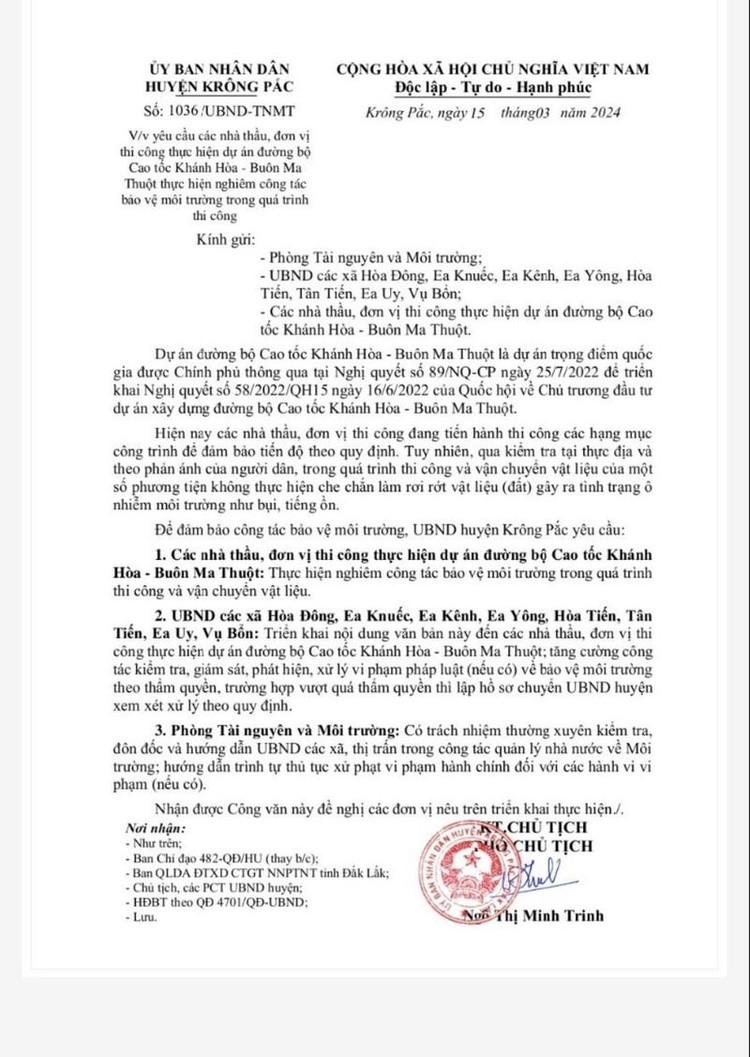 Công văn số 1036/UBND-TNMT về việc yêu cầu các đơn vị nhà thầu, đơn vị thi công thực hiện dự án đường bộ cao tốc Khánh Hòa – Buôn Ma Thuột thực hiện nghiêm túc công tác bảo vệ môi trường trong quá trình thi công.